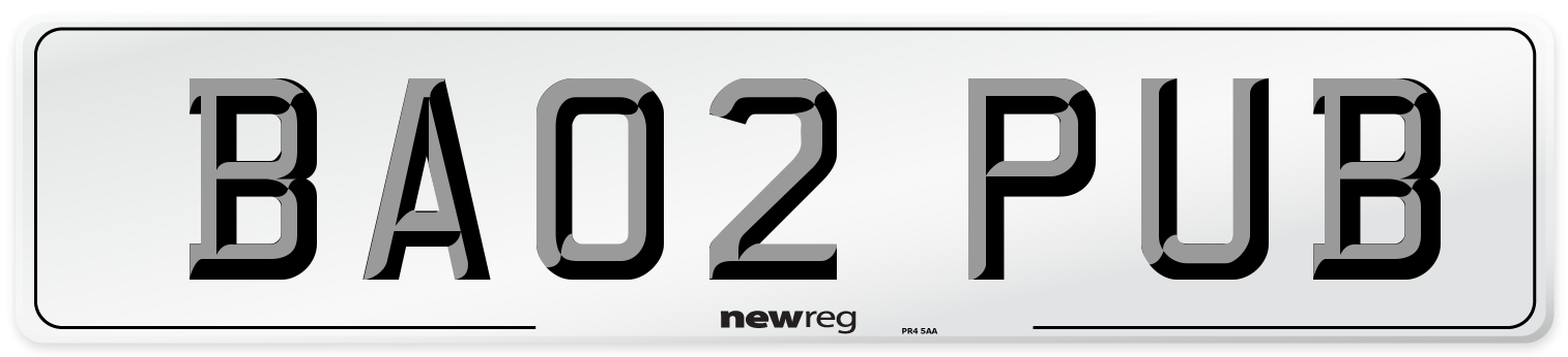 BA02 PUB Number Plate from New Reg